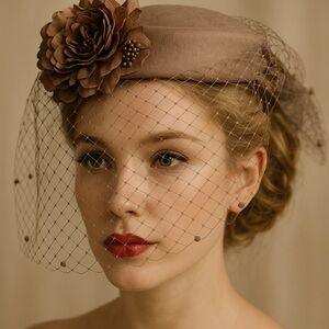 Something Special Womens Pillbox Dress Hat Brown Wool Felt Birdcage Veil Derby